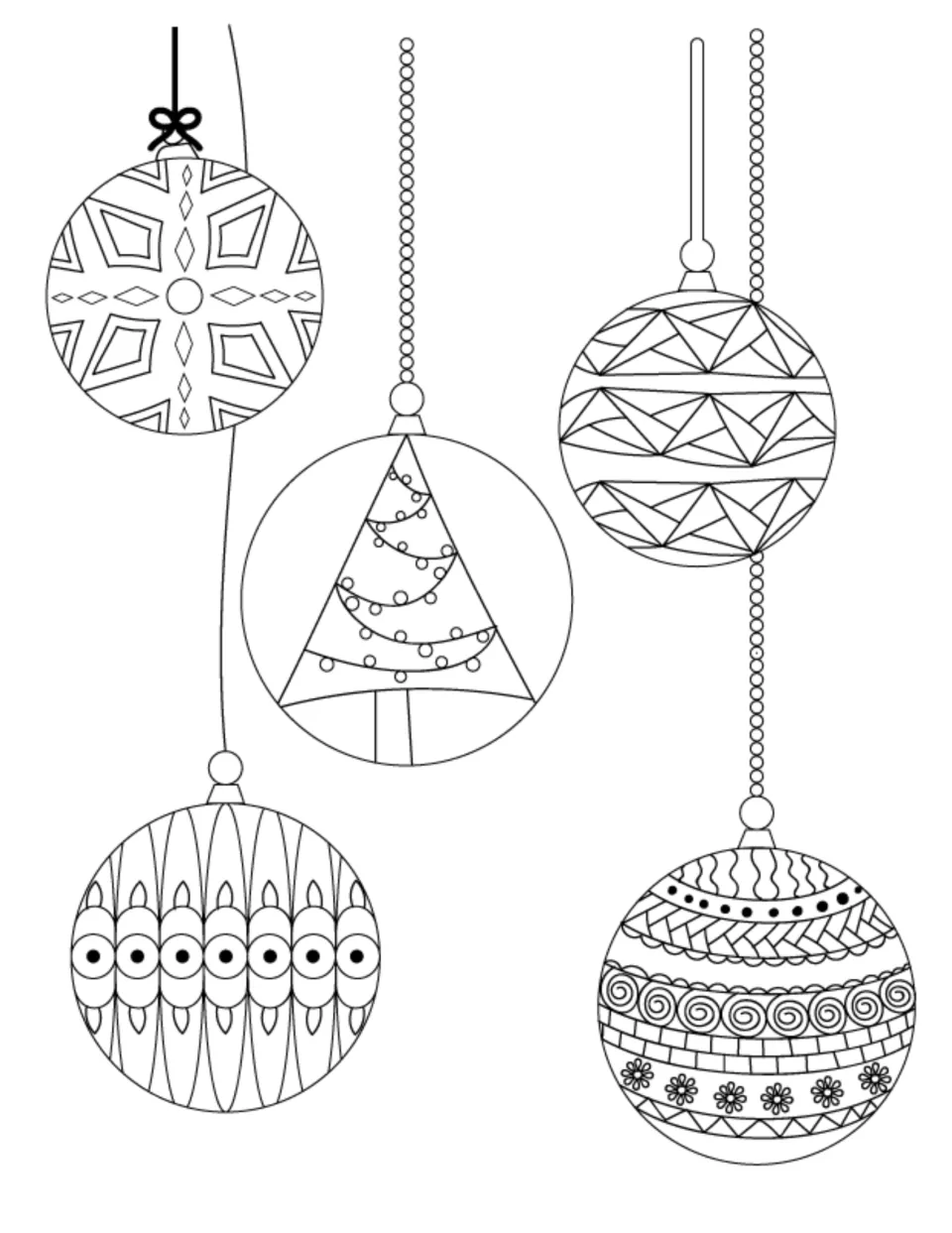Christmas workbook coloring page featuring five hanging ornaments, including one with a Christmas tree