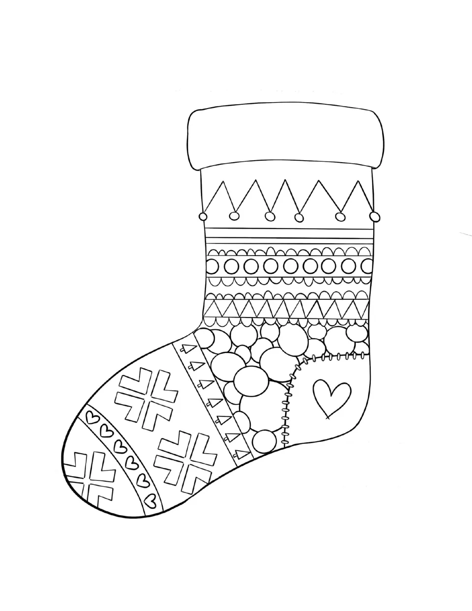 Christmas workbook coloring page featuring a stocking filled with patterns of hearts, circles, and triangles