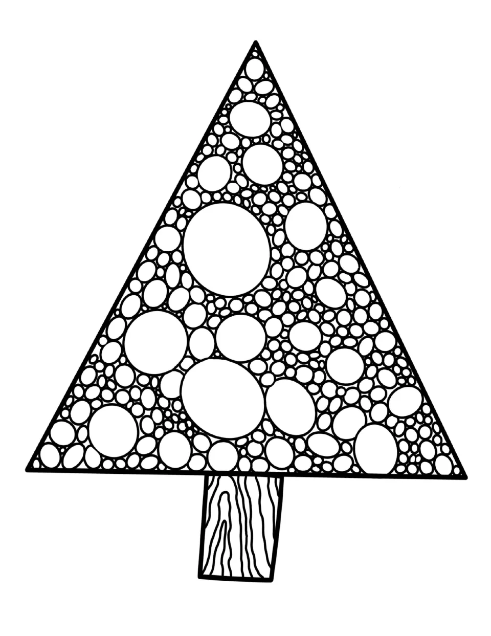 Christmas workbook coloring page featuring a triangular tree filled with circles and a wood-grain trunk
