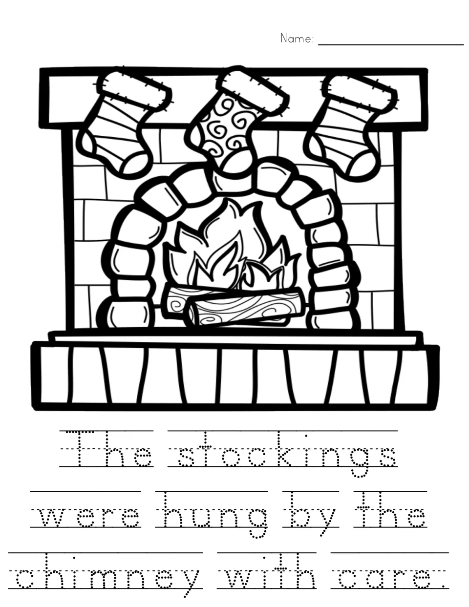 Tracing page: 'The stockings were hung by the chimney with care.' under a fireplace with stockings to color