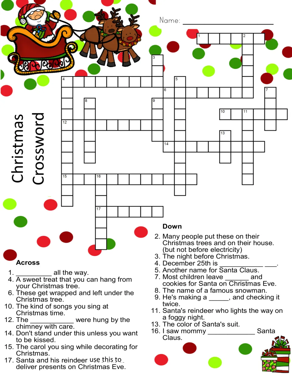 Christmas Crossword with 18 clues, such as 'The night before Christmas' and 'The color of Santa's suit'