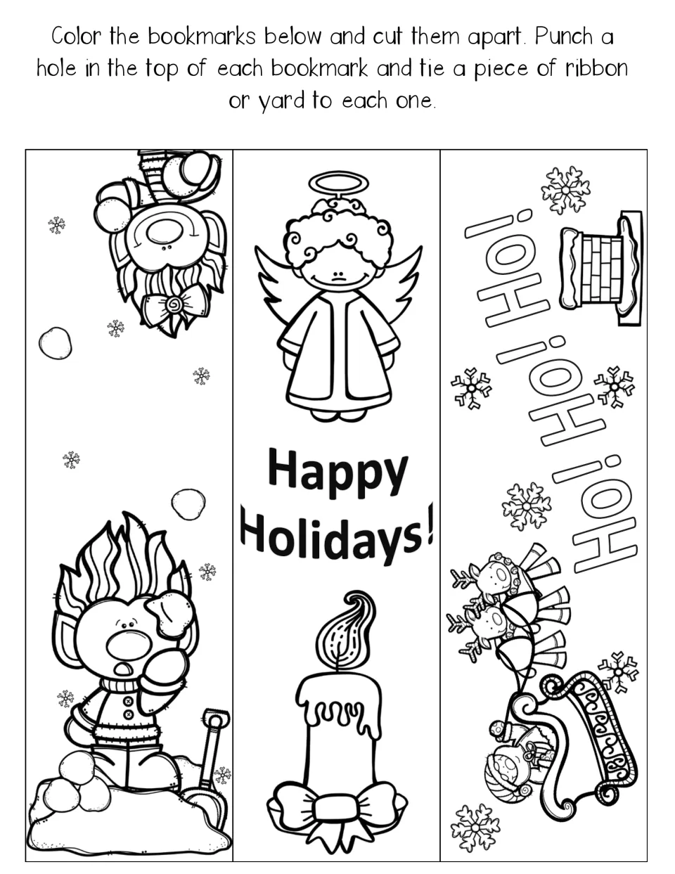 Three bookmarks to color and cut out: an elf in snow, an angel with 'Happy Holidays!' and a 'Ho! Ho! Ho!' sleigh