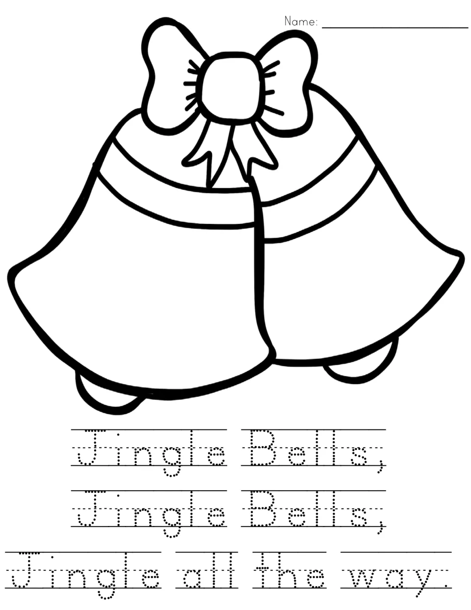 Two jingle bells to color above the lyric 'Jingle Bells, Jingle Bells, Jingle all the way.' to trace