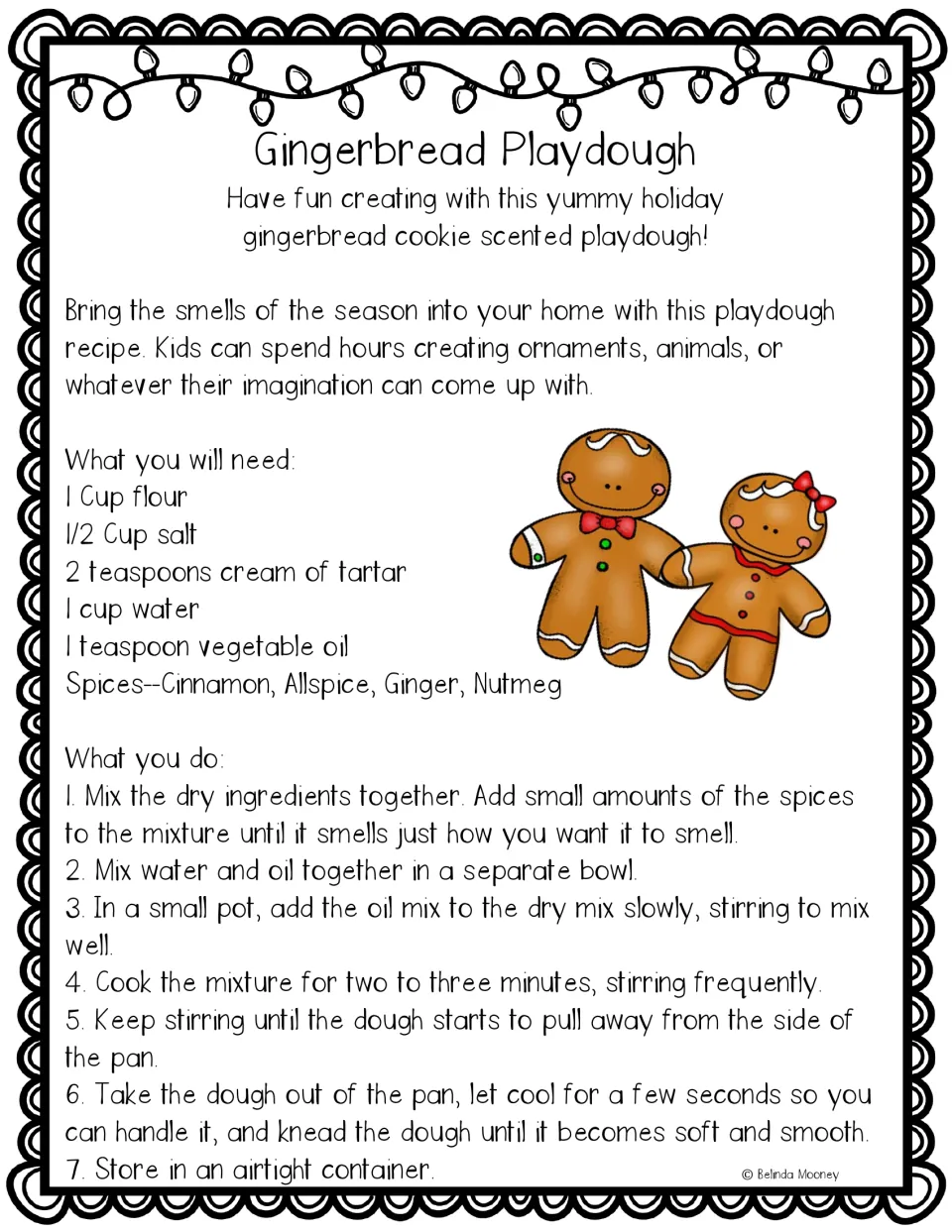 Gingerbread Playdough recipe: flour, salt, cream of tartar, water, oil and spices, with seven steps to make it