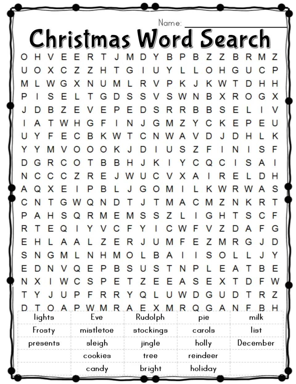 Christmas Word Search with 21 words to find, including lights, Rudolph, mistletoe, December and 17 more