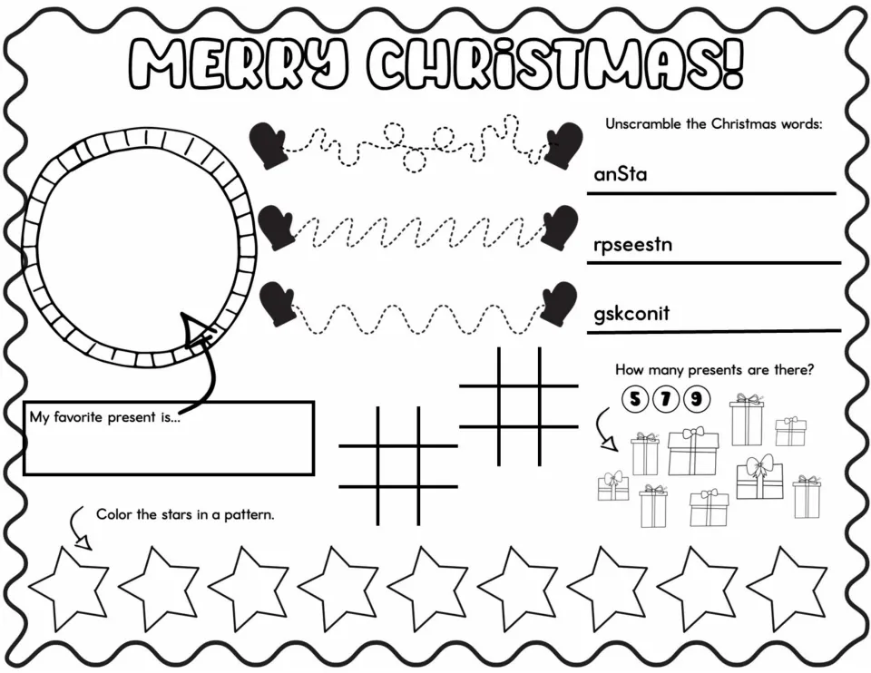 Merry Christmas mat: unscramble 3 words, trace lines, count presents, draw a favorite gift, color stars in a pattern