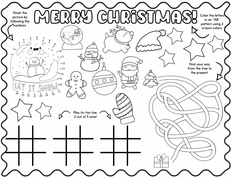 Merry Christmas mat: dot-to-dot 1-24 Let It Snow globe, color heading letters in an AB pattern, tic-tac-toe, a maze