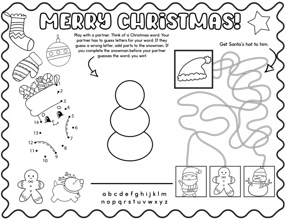 Merry Christmas mat: partner snowman word-guessing game, dot-to-dot 1-14, and a tangled maze to get Santa's hat to him