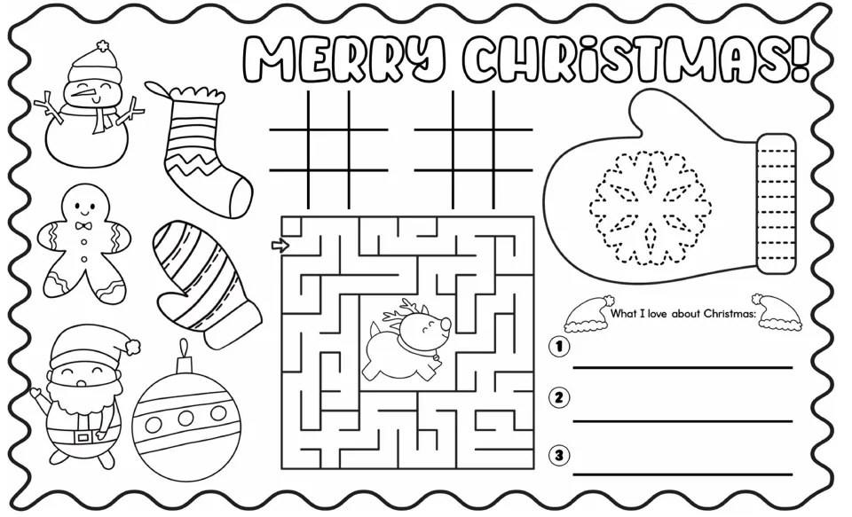 Legal-size Christmas mat: color holiday pictures, tic-tac-toe, a reindeer maze, and 3 things I love about Christmas