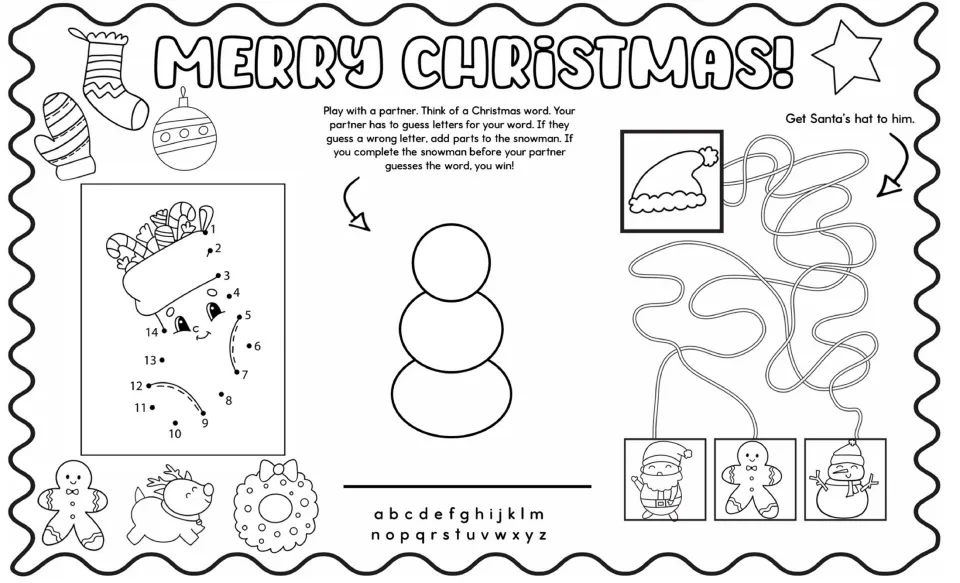 Legal-size Christmas mat: snowman word-guessing partner game, dot-to-dot 1-14, and a maze to get Santa's hat to him