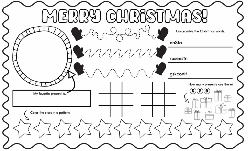 Legal-size Christmas mat: unscramble 3 Christmas words, trace lines, count gifts, color 11 stars in a pattern