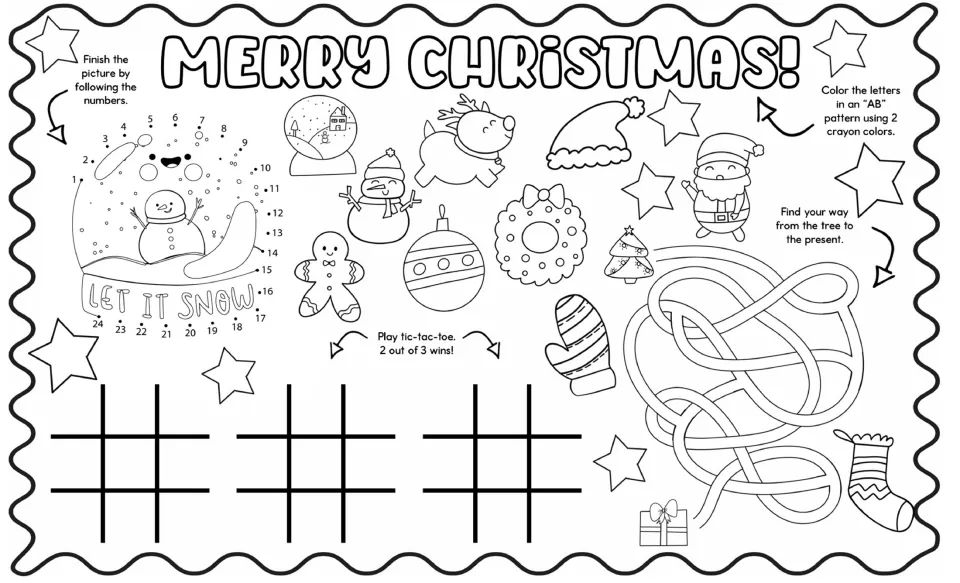 Legal-size Christmas mat: Let It Snow dot-to-dot 1-24, AB-pattern heading letters, tic-tac-toe and a tree-to-present maze