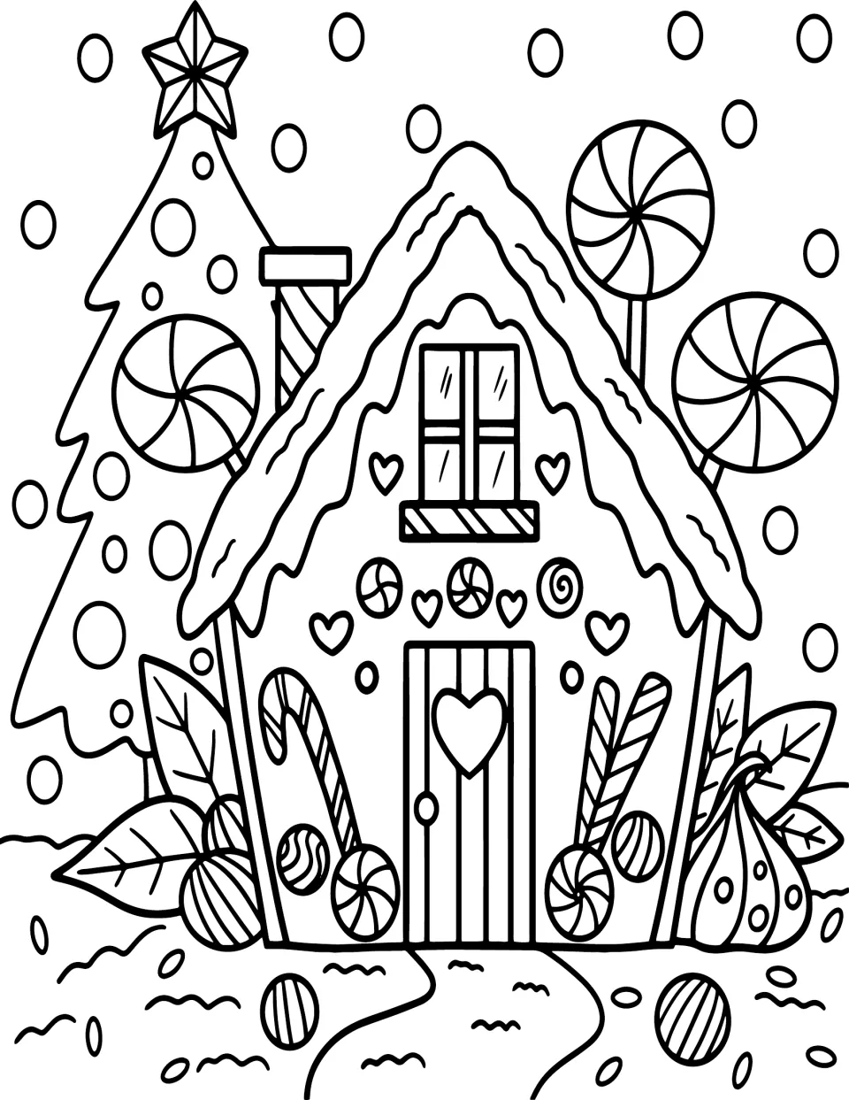 Christmas coloring page featuring a candy-covered house beside a decorated tree and giant lollipops