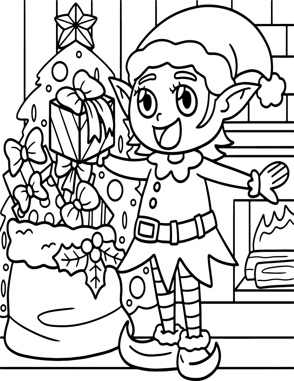 Christmas coloring page featuring an elf holding a present beside a gift sack, tree, and fireplace