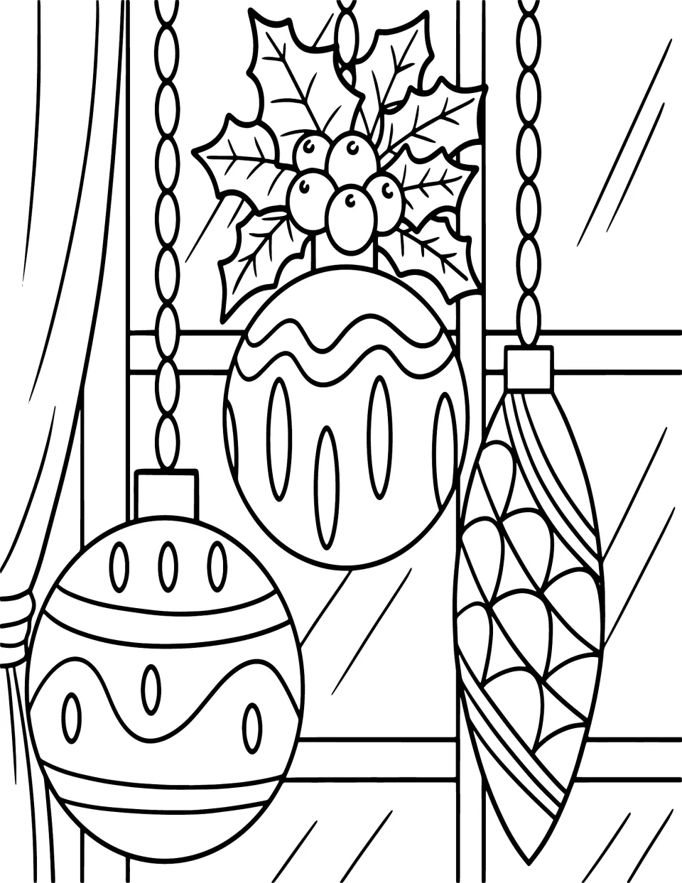 Christmas coloring page featuring three patterned hanging ornaments and holly in front of a window