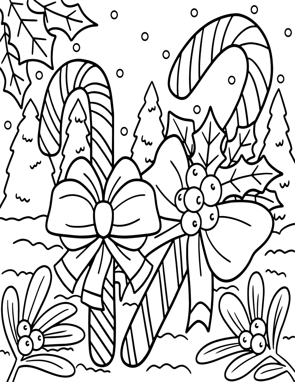 Christmas coloring page featuring two striped candy canes tied with bows amid holly and snowy trees