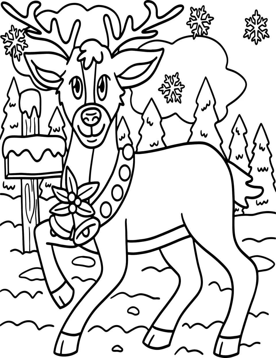 Christmas coloring page featuring a reindeer wearing bells beside a snowy mailbox and evergreen trees