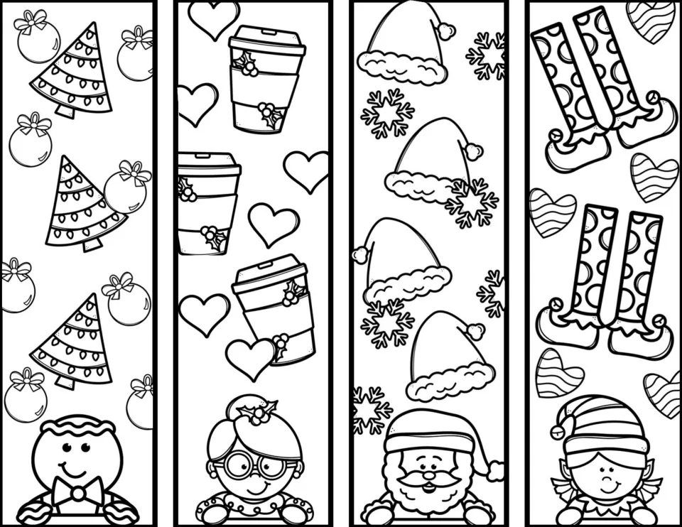 Christmas bookmarks to color: trees, cocoa cups, Santa hats and elf legs above a gingerbread man, Mrs. Claus, Santa and elf
