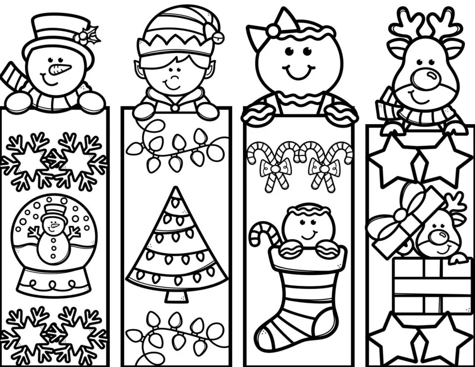Christmas bookmarks to color topped by a snowman, elf, gingerbread and reindeer, with snow globe, tree, stocking and gifts