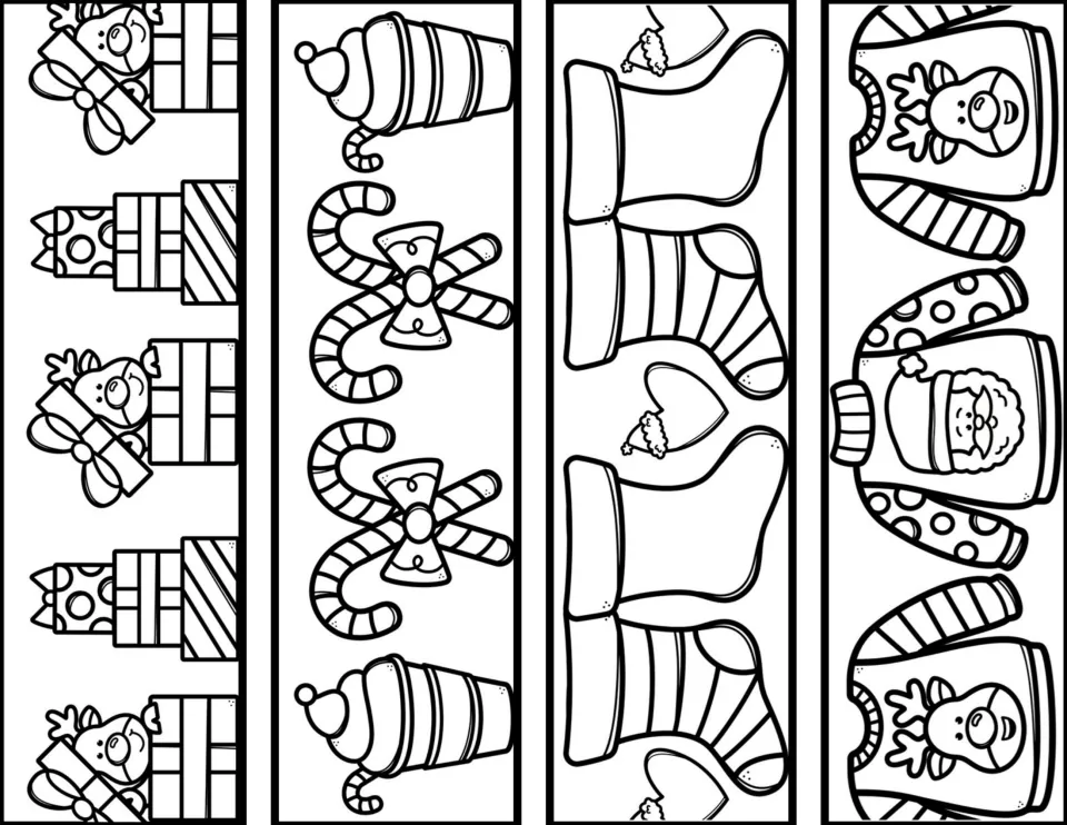 Patterned Christmas bookmarks to color: rows of reindeer gifts, candy canes with bows, stockings and ugly holiday sweaters