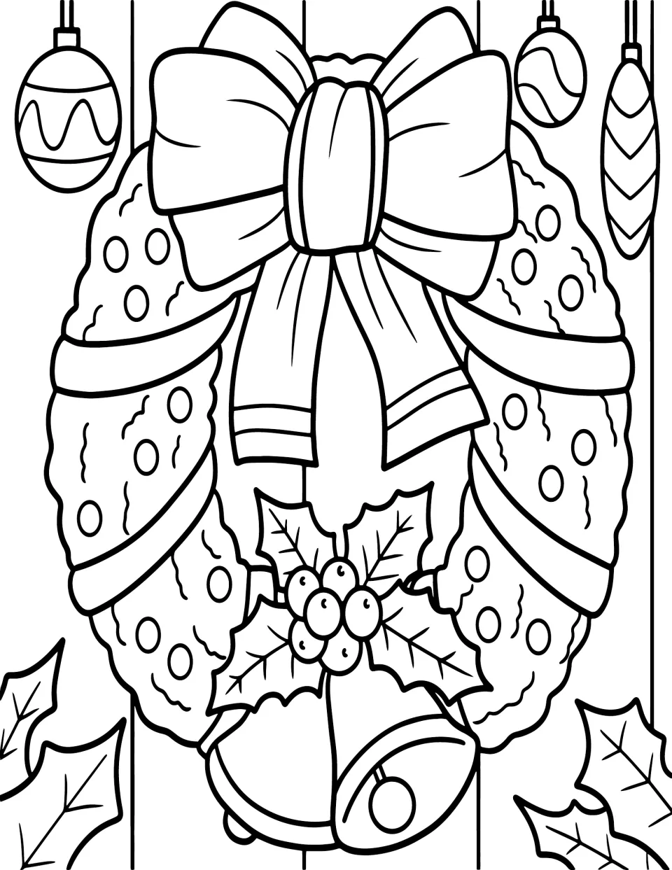 Christmas coloring page featuring a wreath decorated with a large bow, ribbon, holly, berries and bells