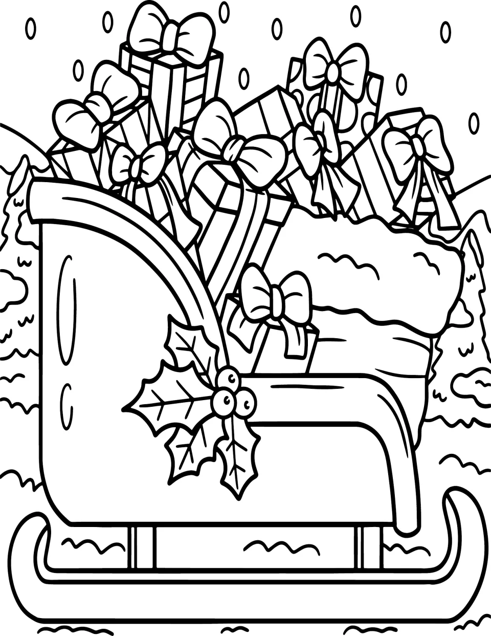 Christmas coloring page featuring a sleigh filled with wrapped gifts and a sack, with snowy trees behind it