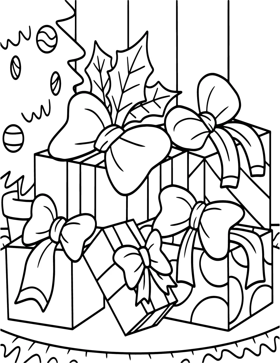 Christmas coloring page featuring five wrapped presents with bows beside a decorated Christmas tree