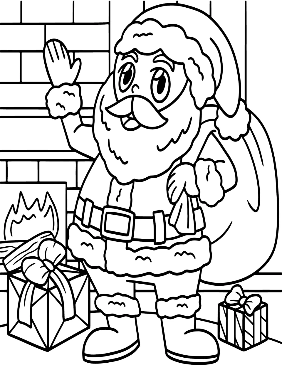 Christmas coloring page featuring Santa waving beside a lit fireplace, carrying a sack, with gifts nearby