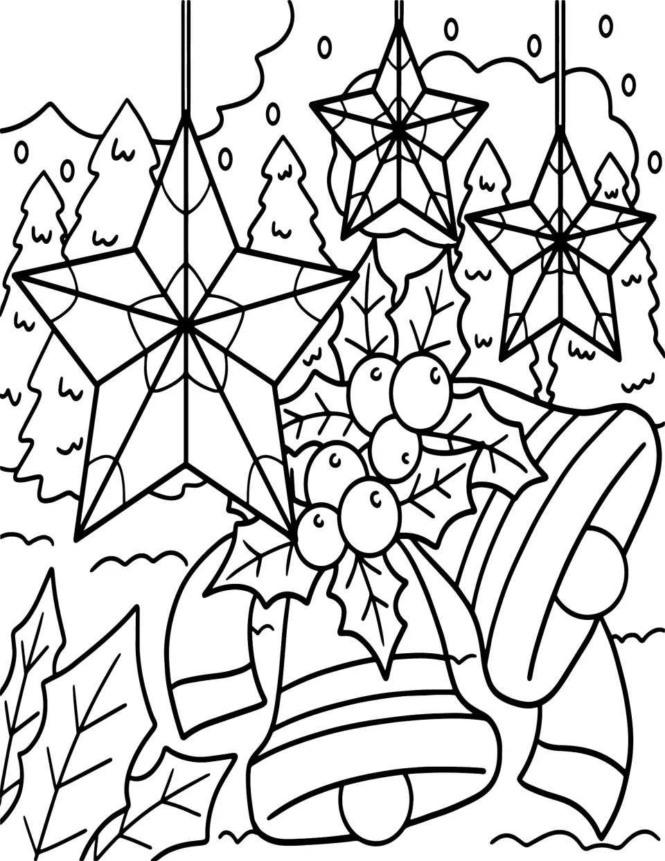 Christmas coloring page featuring three hanging stars above two bells decorated with holly and ribbon