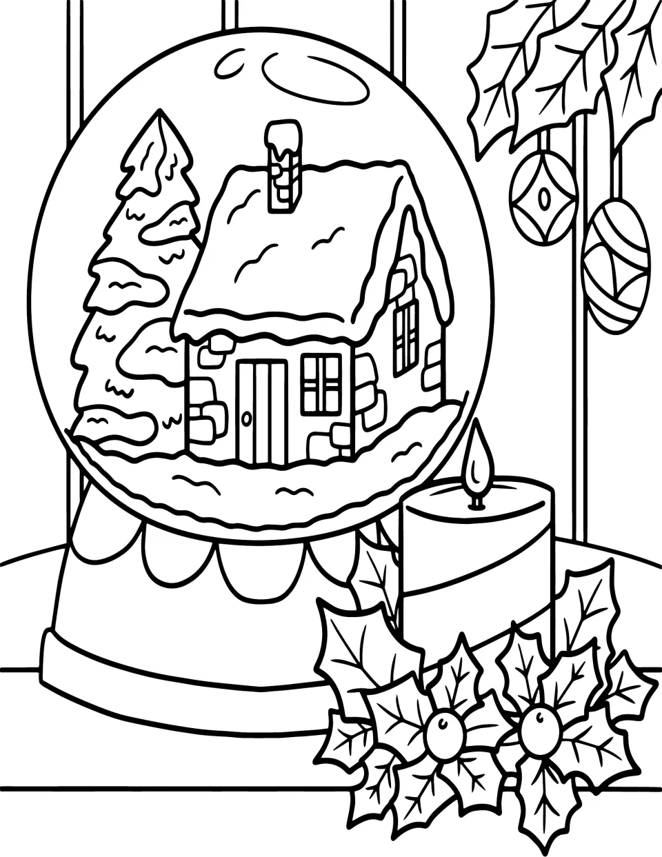 Christmas coloring page featuring a snow globe containing a snowy cottage and tree beside a lit candle