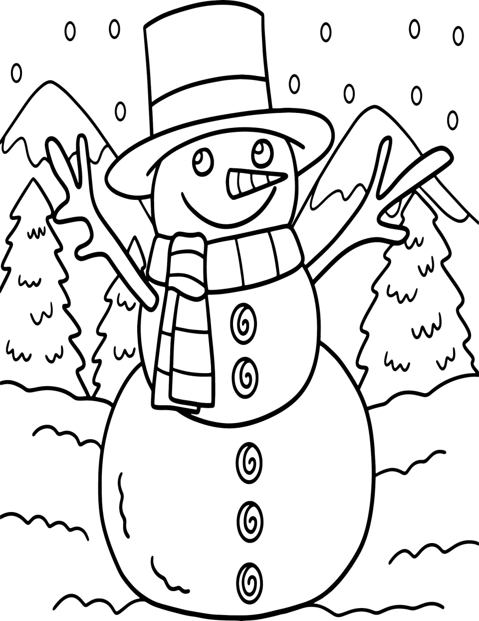 Christmas coloring page featuring a snowman wearing a top hat and scarf among snowy trees and mountains