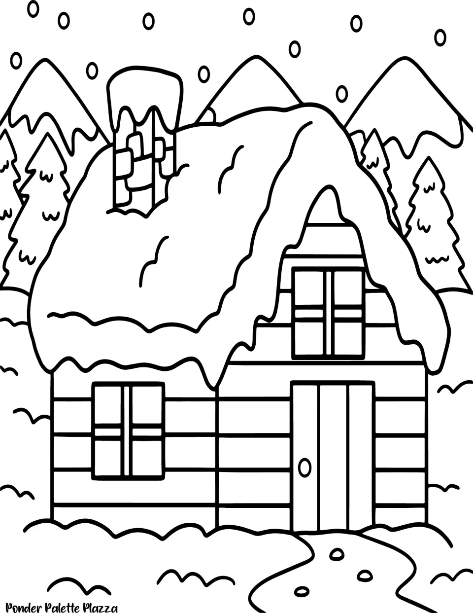 Christmas coloring page featuring a snow-covered cabin with a chimney, windows, and a winding front path