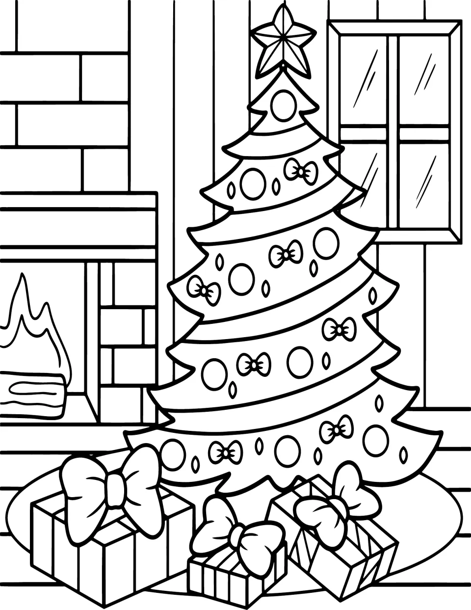 Christmas coloring page featuring a decorated tree topped with a star, wrapped gifts, and a fireplace