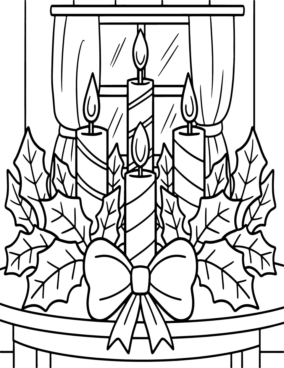 Christmas coloring page featuring four lit striped candles surrounded by holly leaves and a large bow