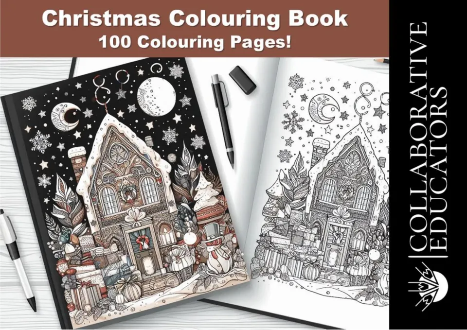 Christmas coloring book cover advertising 100 coloring pages, with colored and uncolored holiday house art
