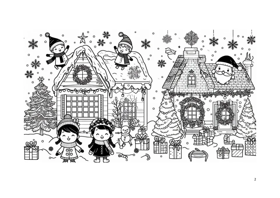 Christmas coloring page 2: snowy houses, children in winter clothes, Santa, trees, gifts, and a snowman