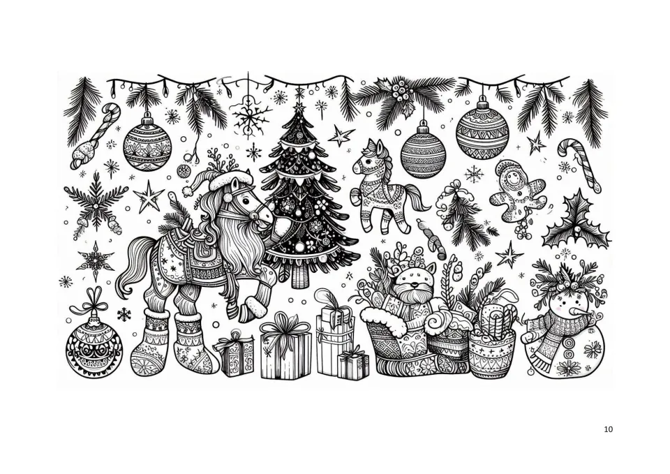 Christmas coloring page 10: toy horses, patterned ornaments, a decorated tree, wrapped gifts, and a sleigh