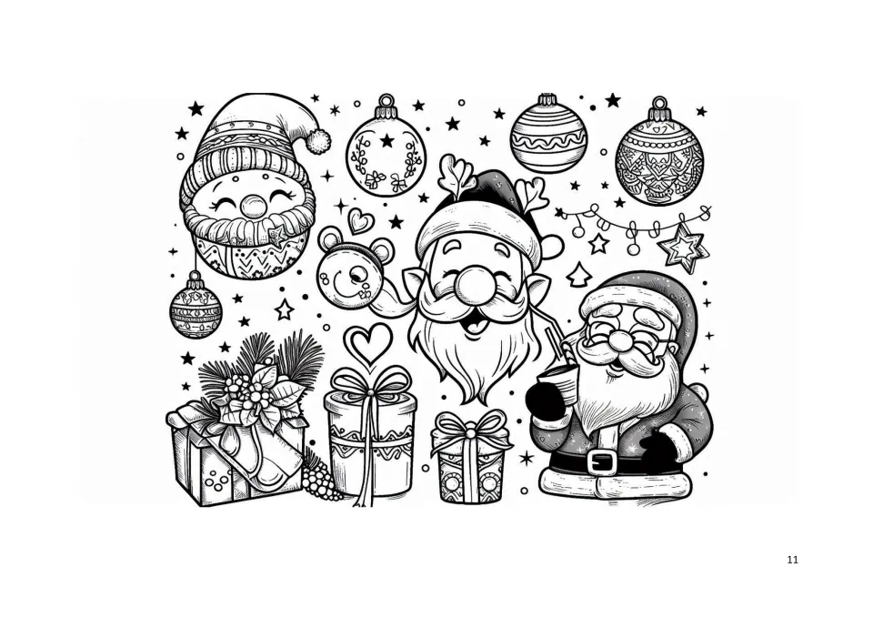Christmas coloring page 11: Santa holding a cup, a bearded character in an antler hat, ornaments, and gifts