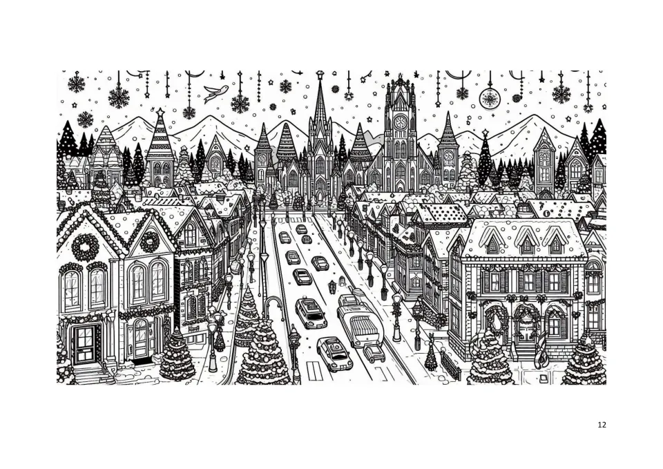 Christmas coloring page 12: a snowy town street lined with decorated buildings, trees, cars, and streetlamps