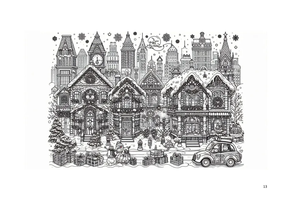 Christmas coloring page 13: decorated snowy houses, a city skyline, wrapped gifts, snowmen, and a car
