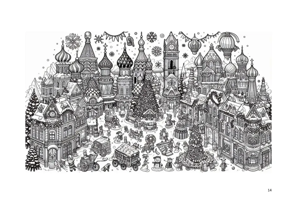 Christmas coloring page 14: a snowy town square with domed towers, decorated trees, carts, and snowmen