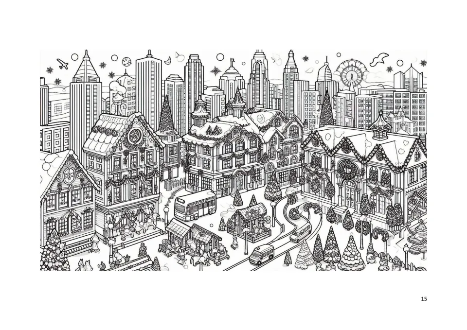 Christmas coloring page 15: decorated city buildings, market stalls, a bus, cars, and tall skyscrapers