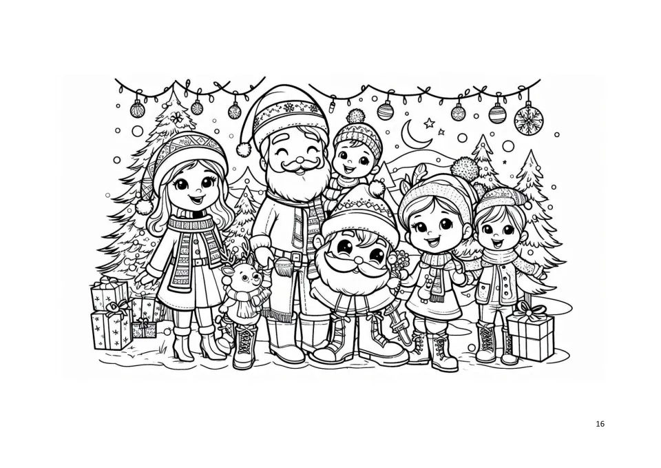 Christmas coloring page 16: Santa and children in winter clothes beside evergreen trees and wrapped gifts