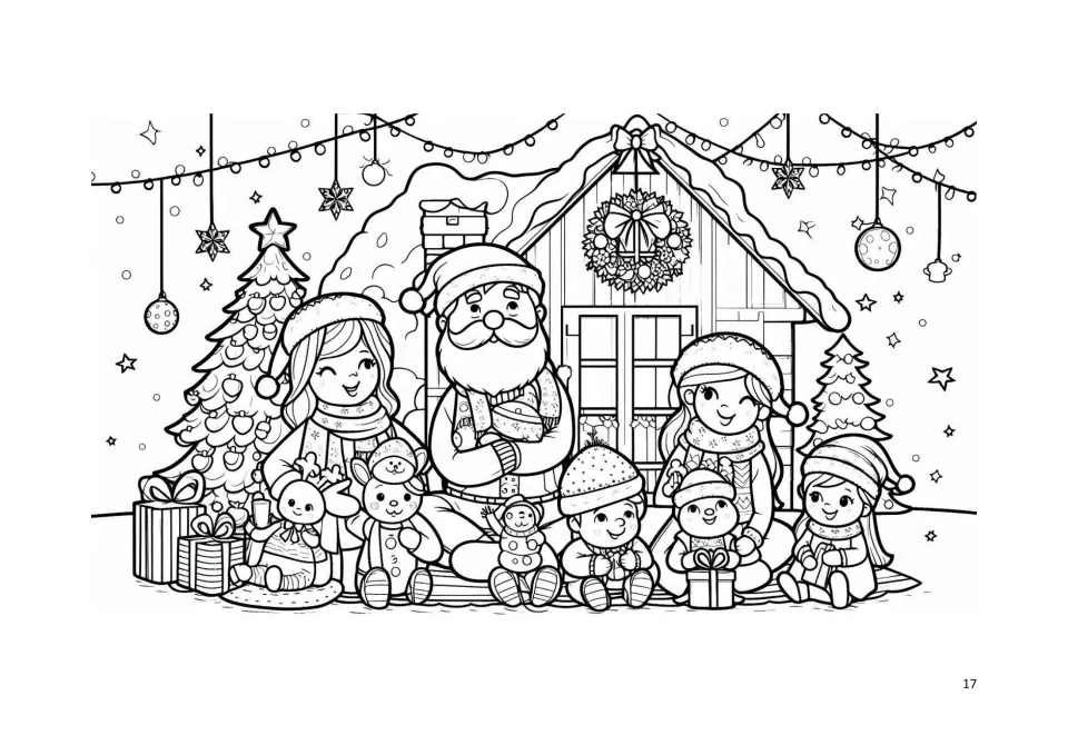 Christmas coloring page 17: Santa and children outside a snowy house with stuffed toys, gifts, and trees