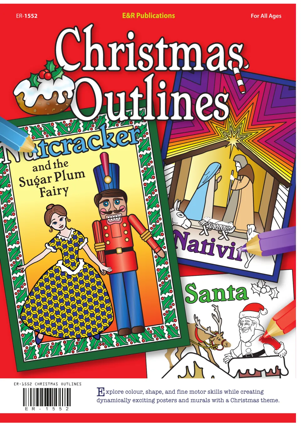 Cover of the Christmas coloring resource showing colored Nutcracker, Sugar Plum Fairy, Nativity, and Santa samples