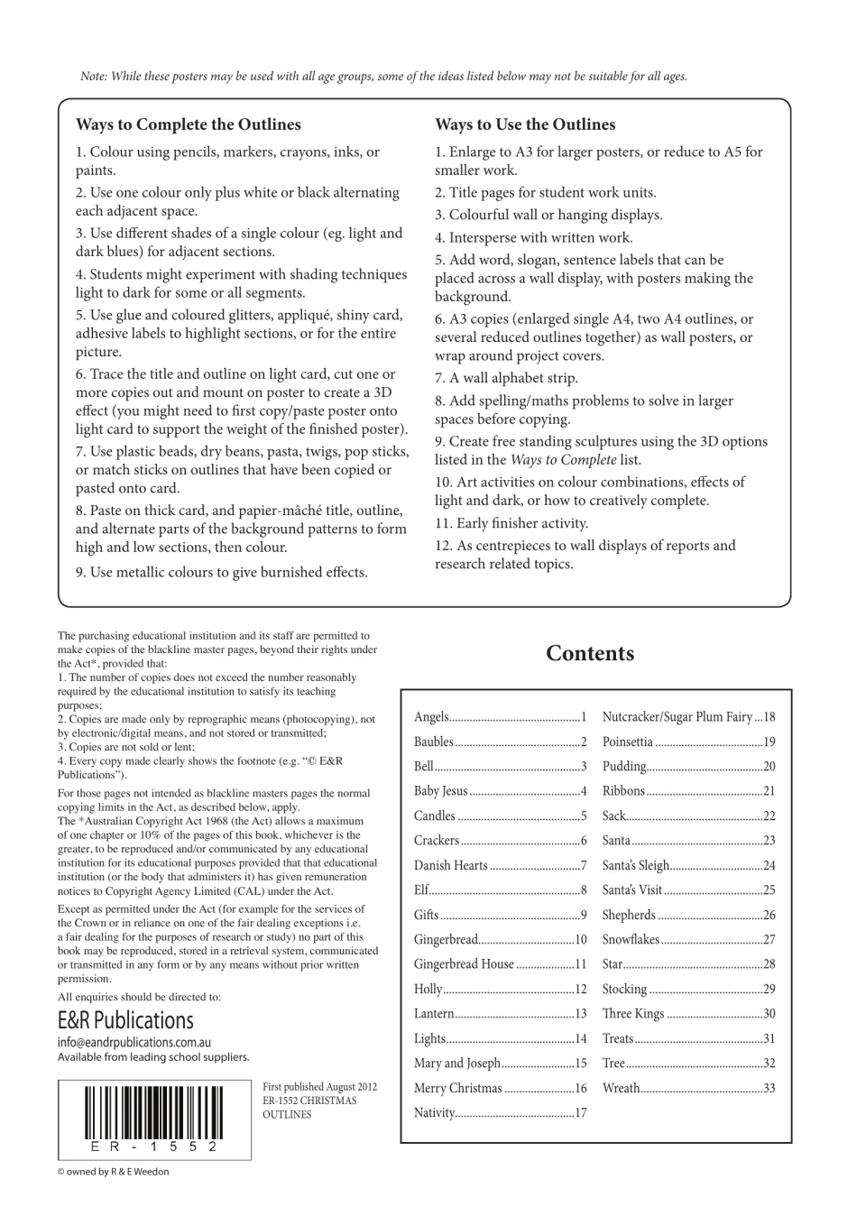 Guide to completing and using the Christmas outlines, with a contents list of 33 designs and copying terms