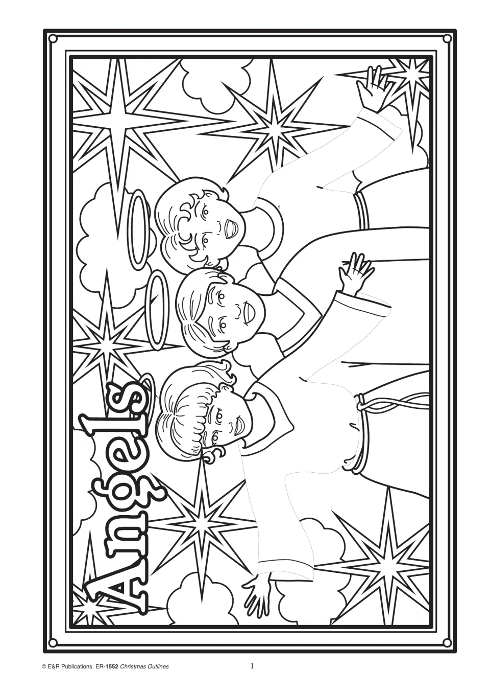 Christmas coloring outline 1, labeled 'Angels,' showing three singing angels with halos among stars and clouds