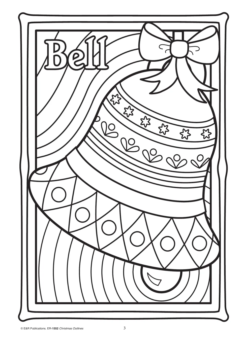 Christmas coloring outline 3, labeled 'Bell,' showing a large bell tied with a bow and decorated with patterns