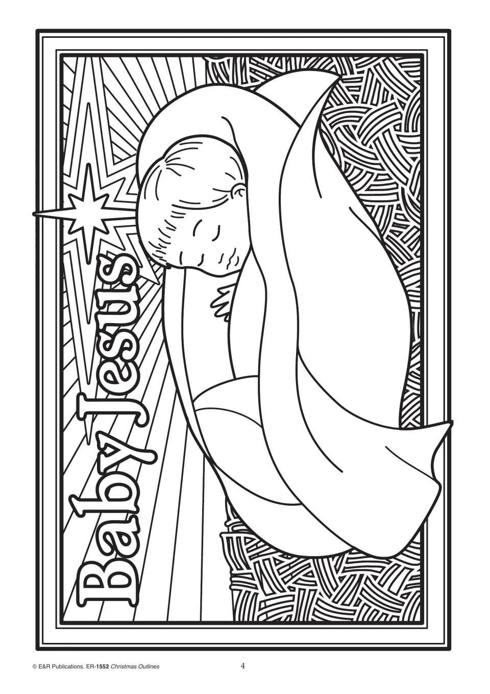 Christmas coloring outline 4, labeled 'Baby Jesus,' showing a sleeping baby wrapped in cloth beneath a star