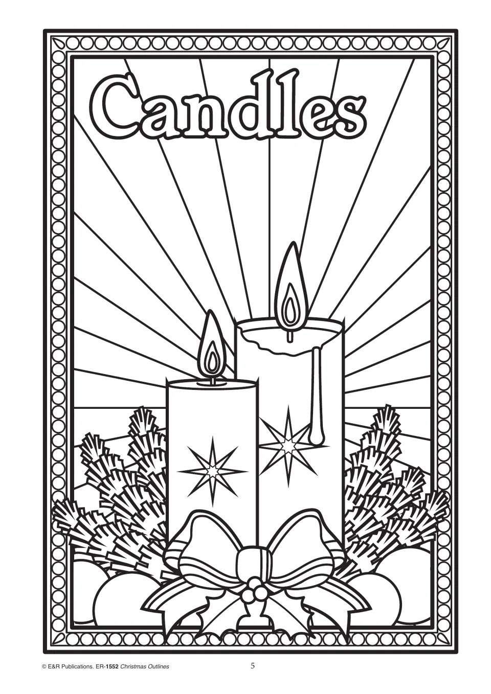 Christmas coloring outline 5, labeled 'Candles,' showing two lit candles surrounded by greenery and a bow